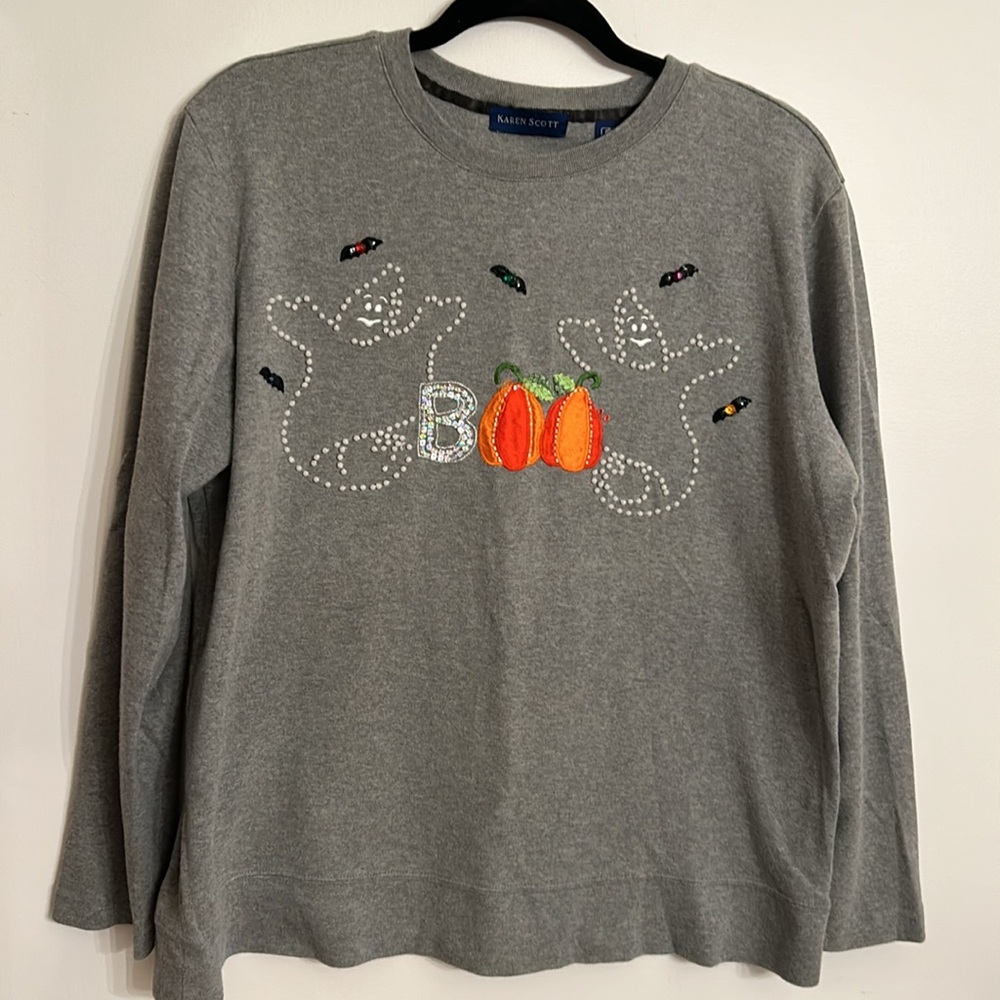 Karen Scott Halloween Pumpkin Ghost Bats Long Sleeve Cotton Shirt Size L